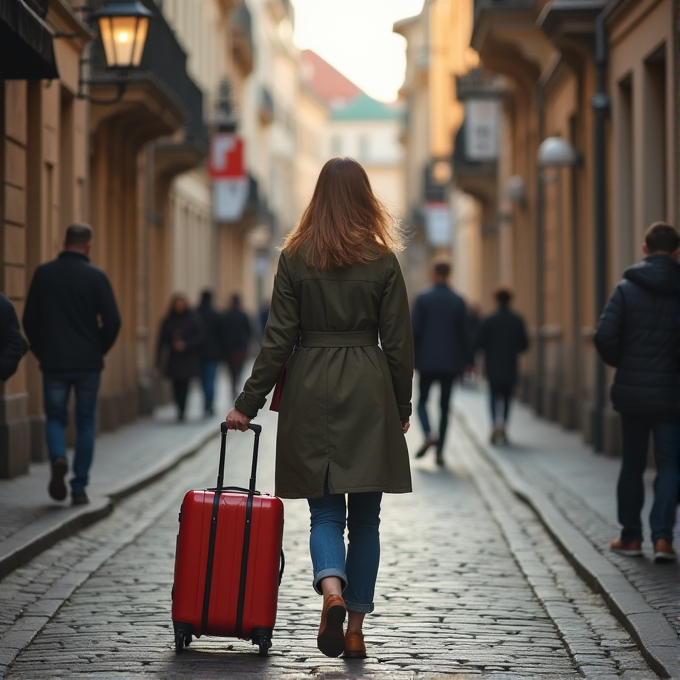 A woman in a green coat walks down a bustling, cobblestone city street with a red suitcase.