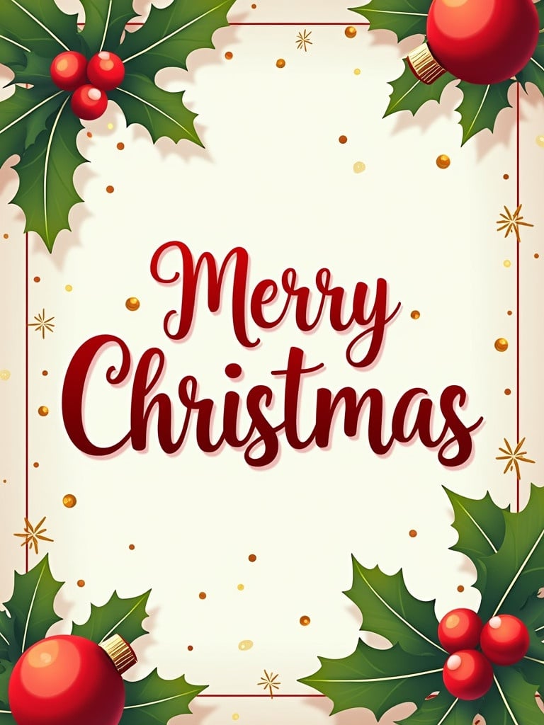 Christmas greeting design featuring typography emphasizing Merry Christmas. Holly leaves and red ornaments decorate the border. Bright cheerful colors create a warm atmosphere. Suitable for festive occasions.