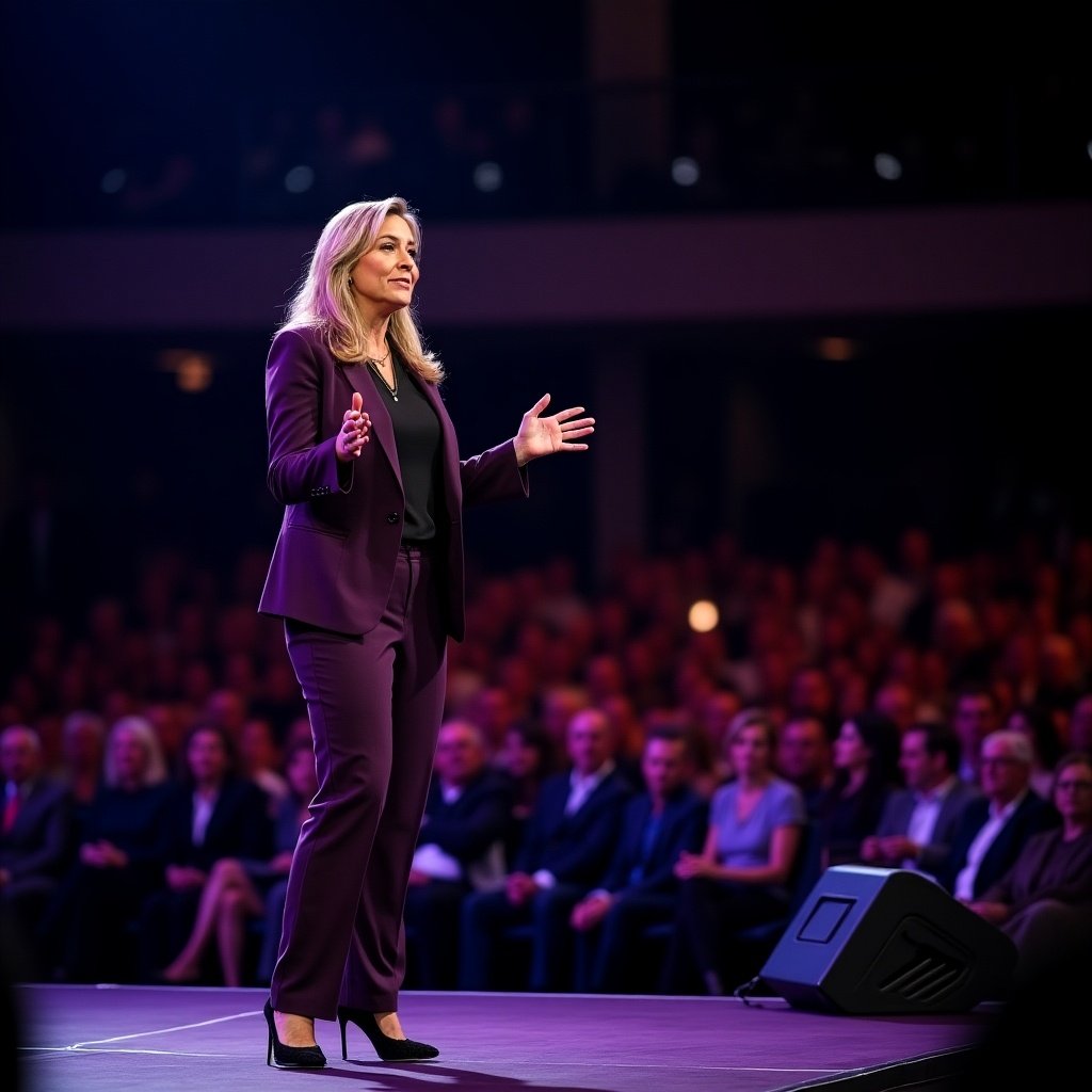 A 44 year old woman is speaking at a live event. She wears a deep purple suit with black pumps and a black t shirt. She passionately engages with her audience. The foreground includes stage lights and a large crowd, creating a lively atmosphere.