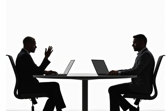 Two silhouetted individuals in suits engage in a discussion across a table with laptops.