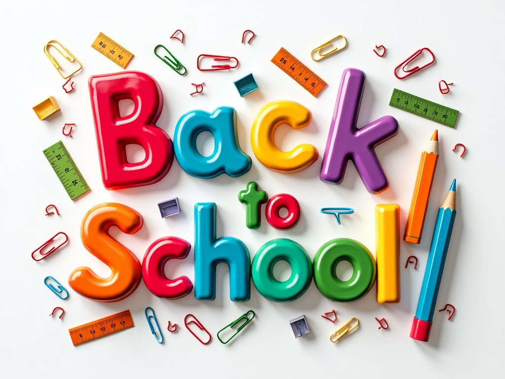 This image features a colorful and playful 'Back to School' design. The text is in bold, 3D letters with bright colors including red, blue, green, yellow, orange, and purple. Surrounding the text are school-related items such as rulers, paper clips, and pencils, all arranged on a clean white background, enhancing the vibrant and exciting atmosphere of returning to school.