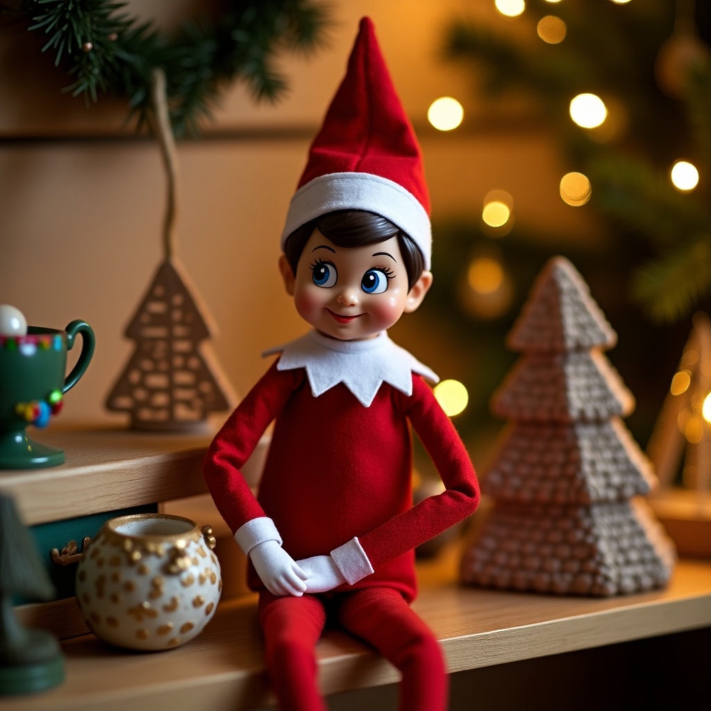 Elf figure poses on a shelf amidst Christmas decorations. Background includes warm lights and a festive feel. The elf is dressed in red with a playful expression.