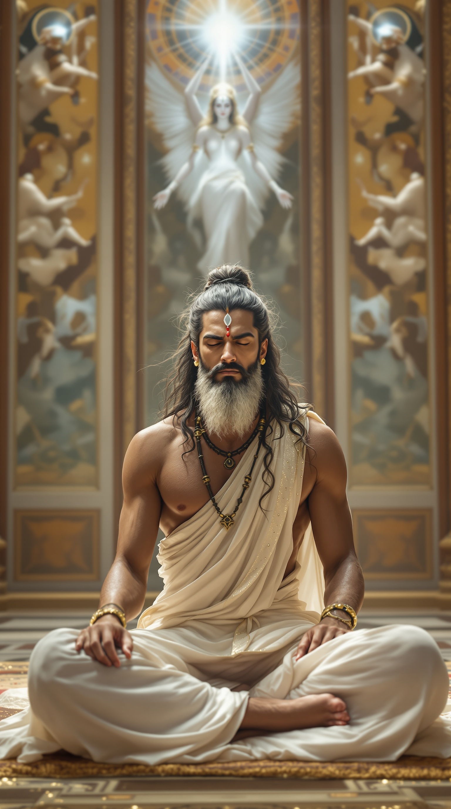 Arjuna sits in a meditative pose. Long tied back hair. Intense expression with light beard. Simple white attire. Surrounded by divine aura. Chamber with wood and stone decor. Murals of heavenly scenes. Urvashi enters gracefully.