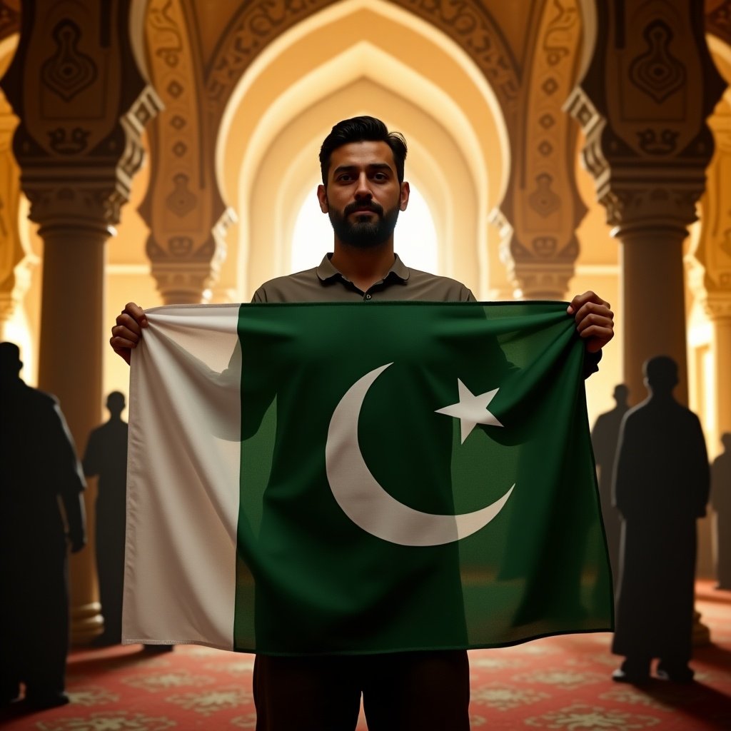 Man holding Pakistan flag inside a mosque. Scene shows intricate architectural details and warm lighting. Shadowy figures in the background create a sense of community. Flag colors contrast with mosque colors. Symbolizes hope and pride.