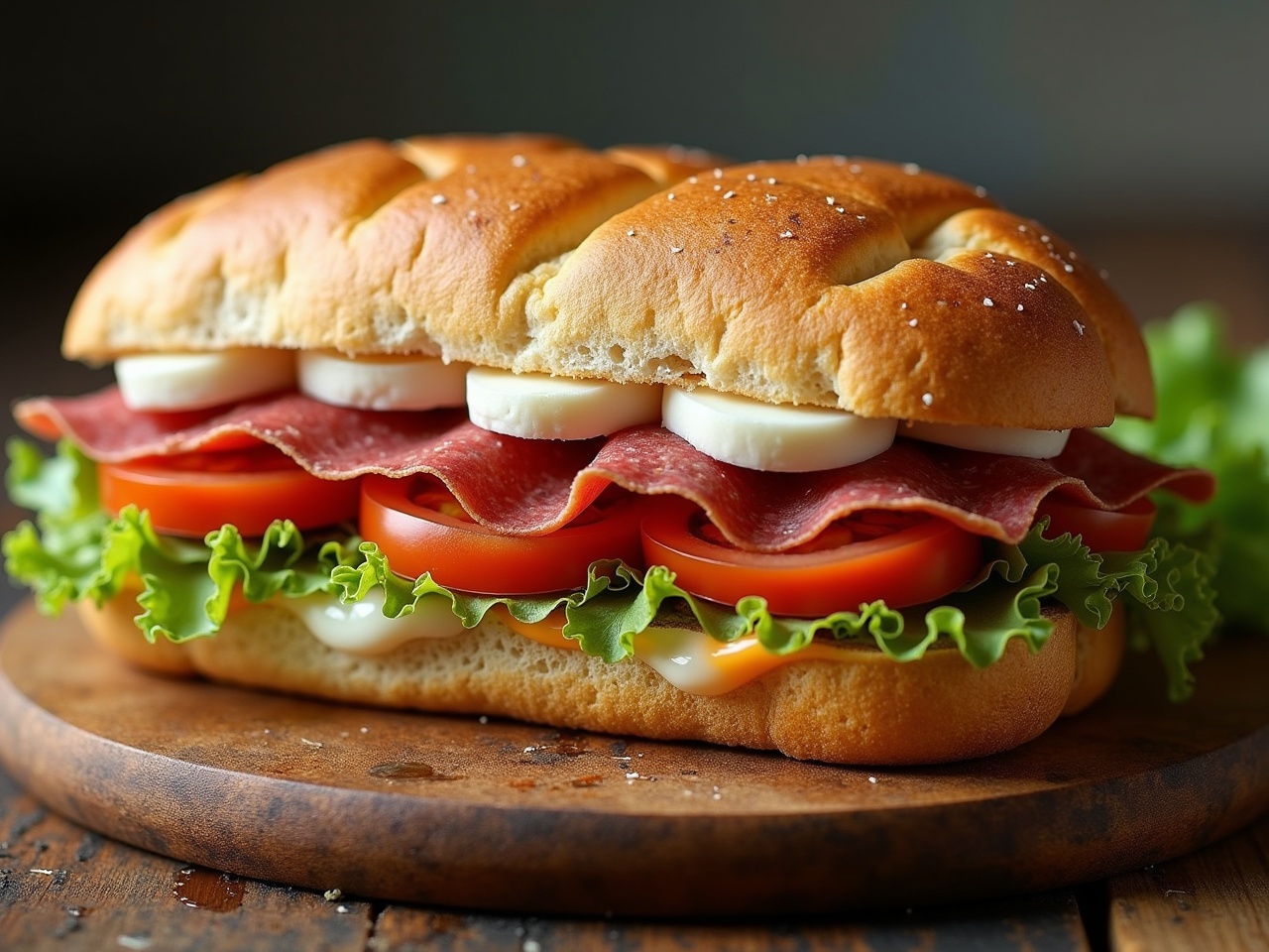 A delicious baked Ciabatta sandwich is perfectly presented. It features layers of pastrami and fresh mozzarella, complemented by vibrant slices of tomato and crisp iceberg lettuce. The sandwich is spread with creamy mayonnaise, adding richness to the flavor. It rests on a wooden cutting board, showcasing its freshness. The scene is softly lit, enhancing the colors and textures of the ingredients. This ultra-realistic sandwich image captures the essence of a delicious deli-style meal. Perfect for any food lover or culinary enthusiast.