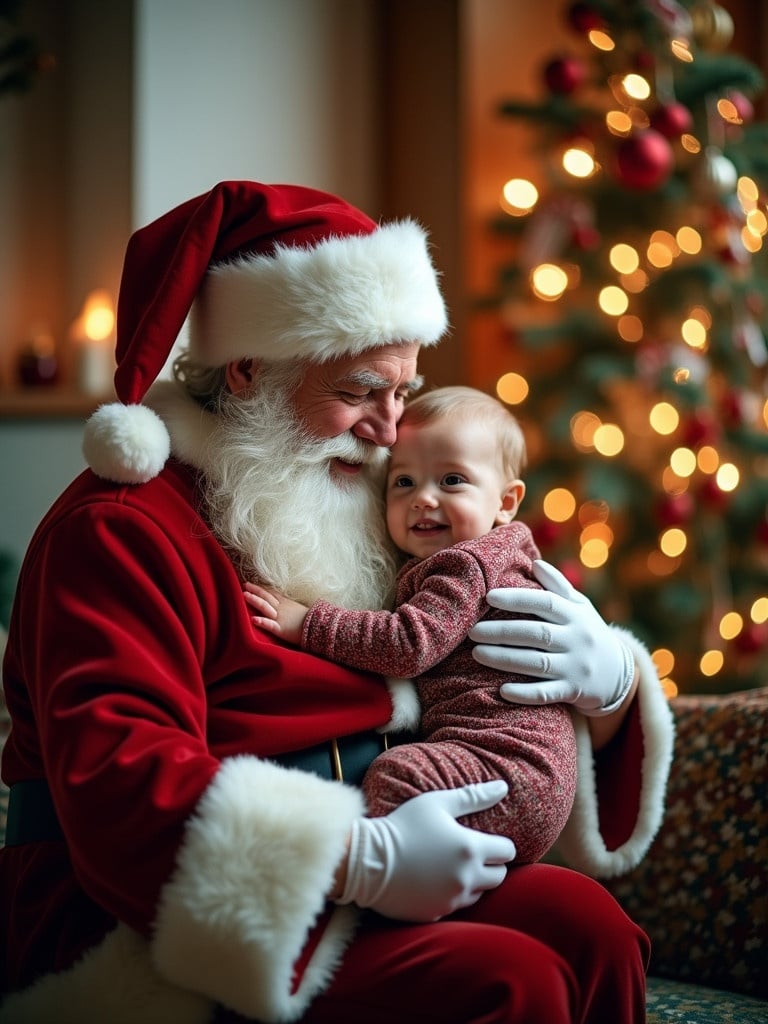 Santa Claus holds a baby in a cozy Christmas setting. The atmosphere is warm and festive. Emotions of joy and peace resonate in the environment.