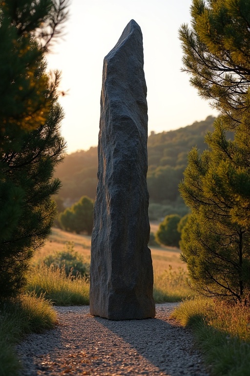 A menhir about two meters high made of dark granite. Dense shrubs frame the menhir. The ground is stony with sparse wild herbs. A southern French landscape in evening light. Last rays of sunlight illuminate the stone.