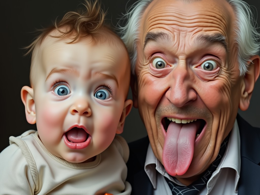 The image captures an expressive moment between a baby with wide, curious eyes and an elderly man humorously sticking out his tongue. The juxtaposition of their expressions creates an amusing and heartwarming scene, highlighting the universal human emotion of surprise.