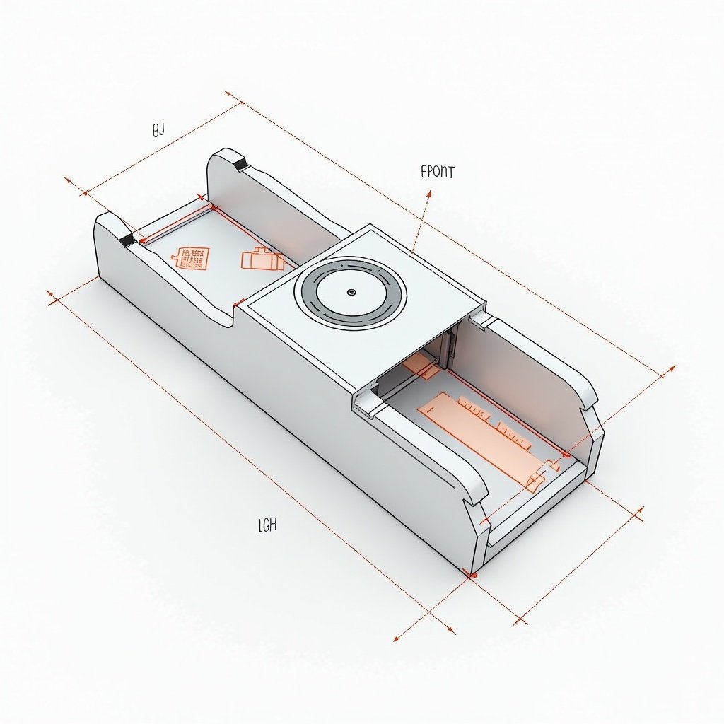 Orthographic projections of a cello tape dispenser are displayed. The design includes front view, top view, right-hand side view, and left-hand side view. Details of the structure are shown clearly.