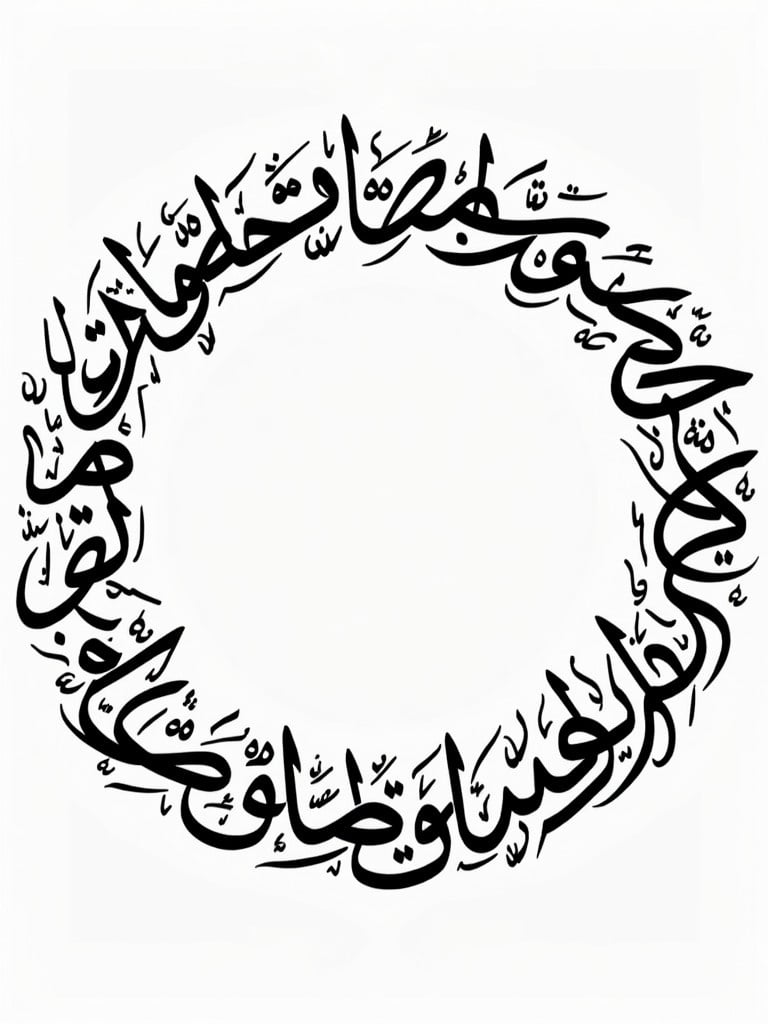 Handwritten Arabic calligraphy forms a complete circular shape. The design incorporates names انجما. The artwork fills the entire available space.