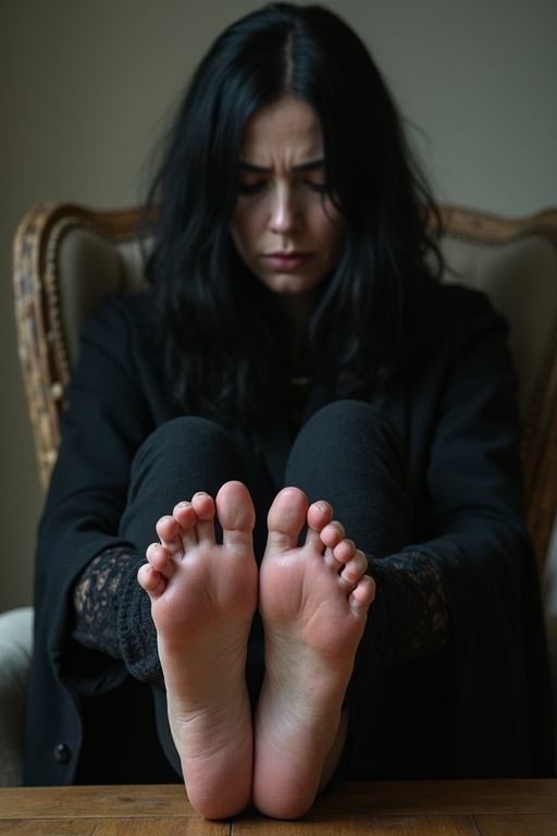 Image shows mature goth woman with long black hair. She presents wounded soles of her bare feet. She is seated on a chair with feet on the table. The ambiance reflects fear and vulnerability.