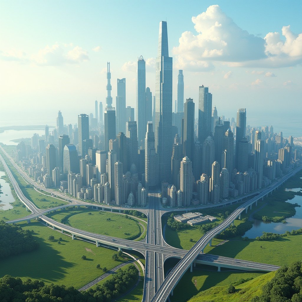 Aerial view of a modern coastal city with a skyline dominated by skyscrapers. Surrounding green grassy areas and suburban sprawl are visible. The city features elevated highways and is situated on a flat plain near the sea, showcasing a blend of urban and nature in an American-style design.