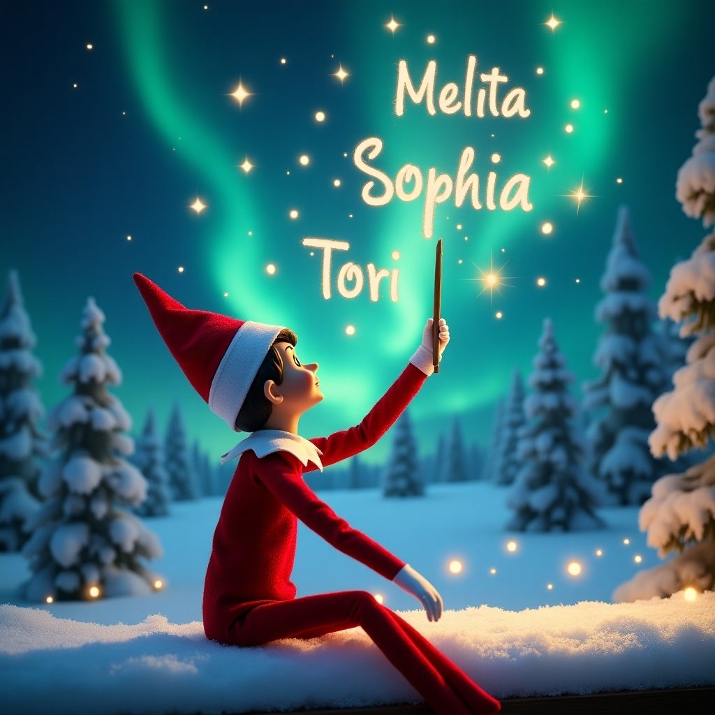 Elf character gazes at a magical sky filled with northern lights. Dressed in red outfit and pointed hat, uses wand to write names in air. Names 'Melita', 'Sophia', and 'Tori' inscribed among stars. Backdrop shows snow-covered trees and shimmering sky. Scene captures joy and wonder of Christmas.