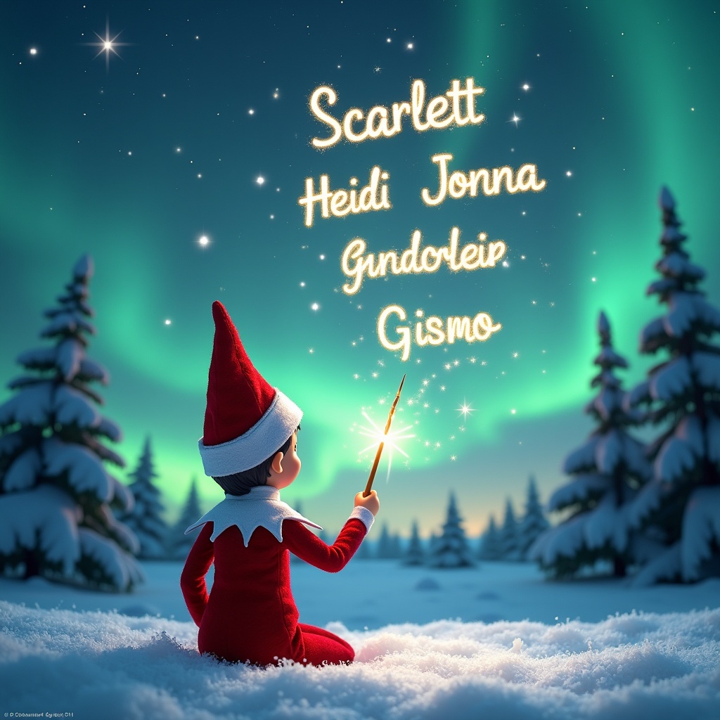 The image features an elf on the shelf, sitting with its back to the viewer, facing a beautiful sky filled with northern lights. The elf is using a magical wand to write names in the sky. The scene is set in a winter wonderland with snow covering the ground and evergreen trees in the background. Above the elf, the names 'Scarlett', 'Heidi', 'Jonna', and 'Gismo' are elegantly written in sparkling light. The overall atmosphere is whimsical and festive, embodying the magic of Christmas.