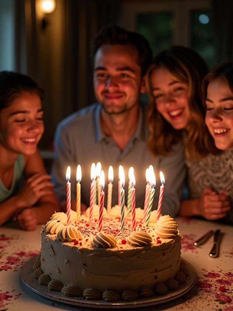 Picture of friends celebrating a birthday gathered around a decorated cake with candles lit. Friends are smiling and enjoying the moment. Birthday cake decorated with frosting and colorful candles. Significant event captured in warm lighting with a festive atmosphere.