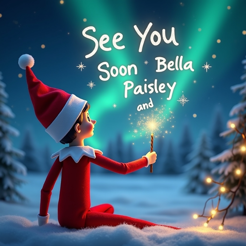 Elf on the shelf facing the sky. Holding a wand. Writing names in the air. Magical Christmas background with northern lights. Snowy landscape. Festive and cheerful atmosphere. Names appearing in the sky.