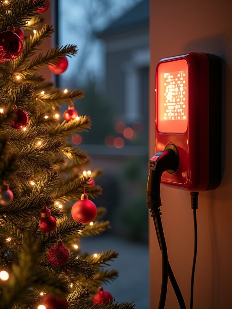 A vibrant Christmas tree adorned with red ornaments stands beside an electric vehicle charger. The charger displays a lit interface. A cozy home setting is depicted, emphasizing sustainability during the holiday season.