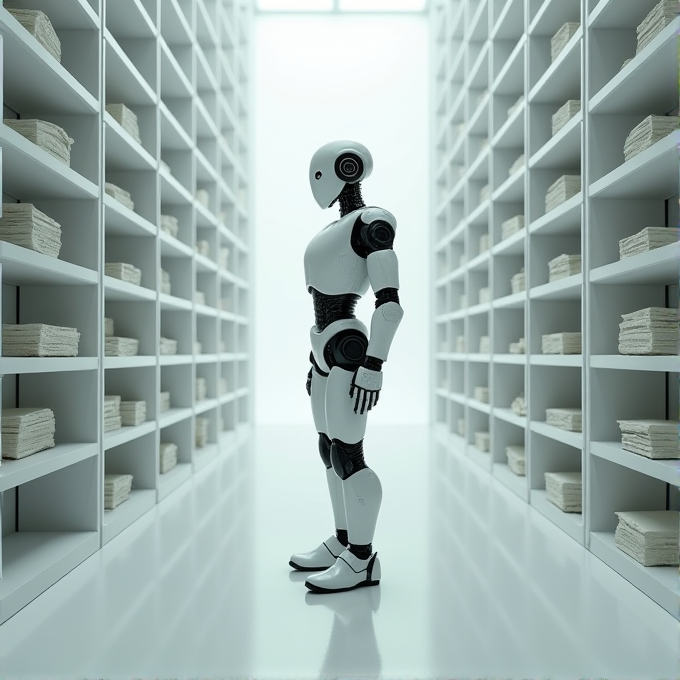 A humanoid robot stands in a well-organized library aisle, surrounded by neatly stacked books on both sides.