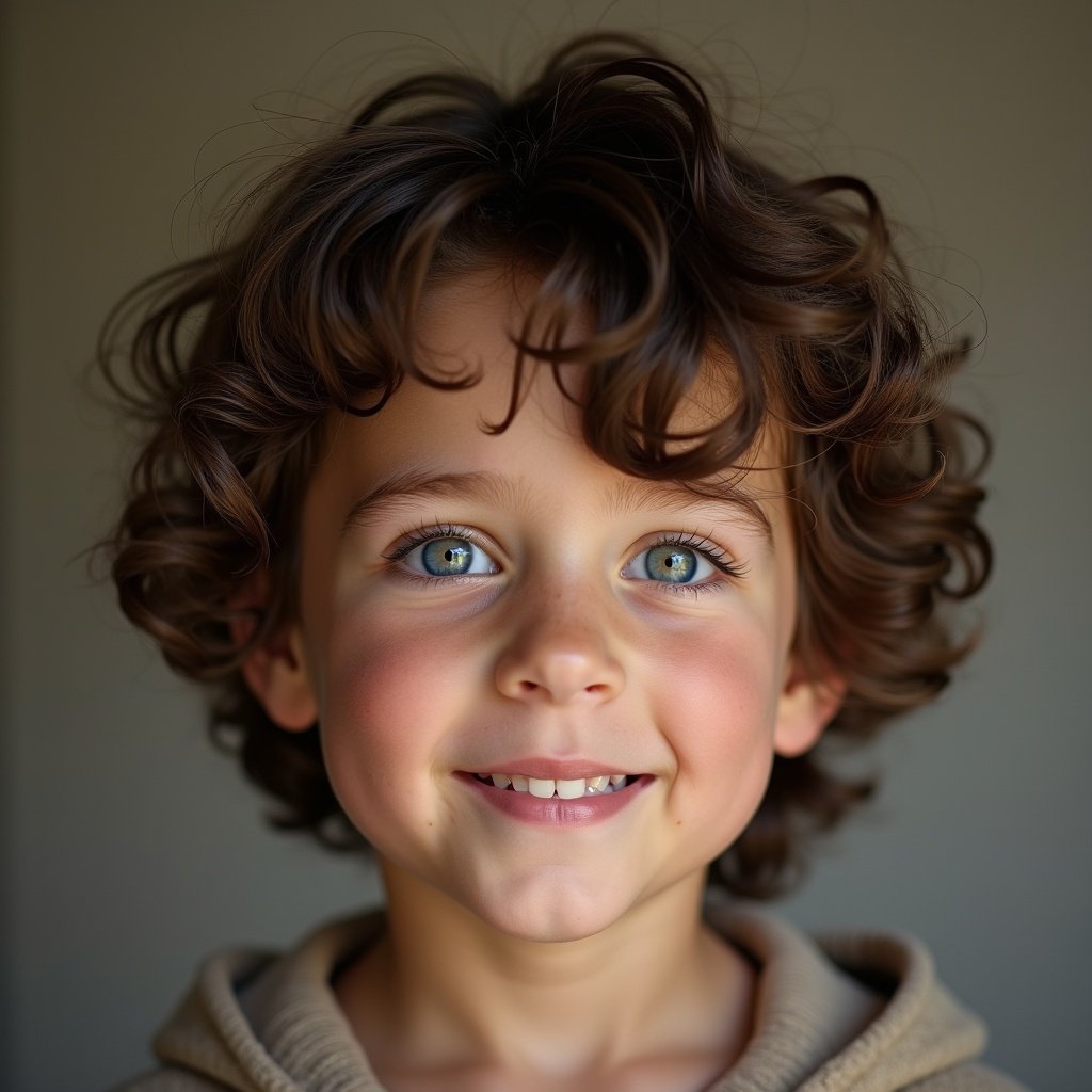 Seven year old boy with fluffy dark brown hair and blue eyes. The hair is curly and voluminous. Background is soft and neutral.