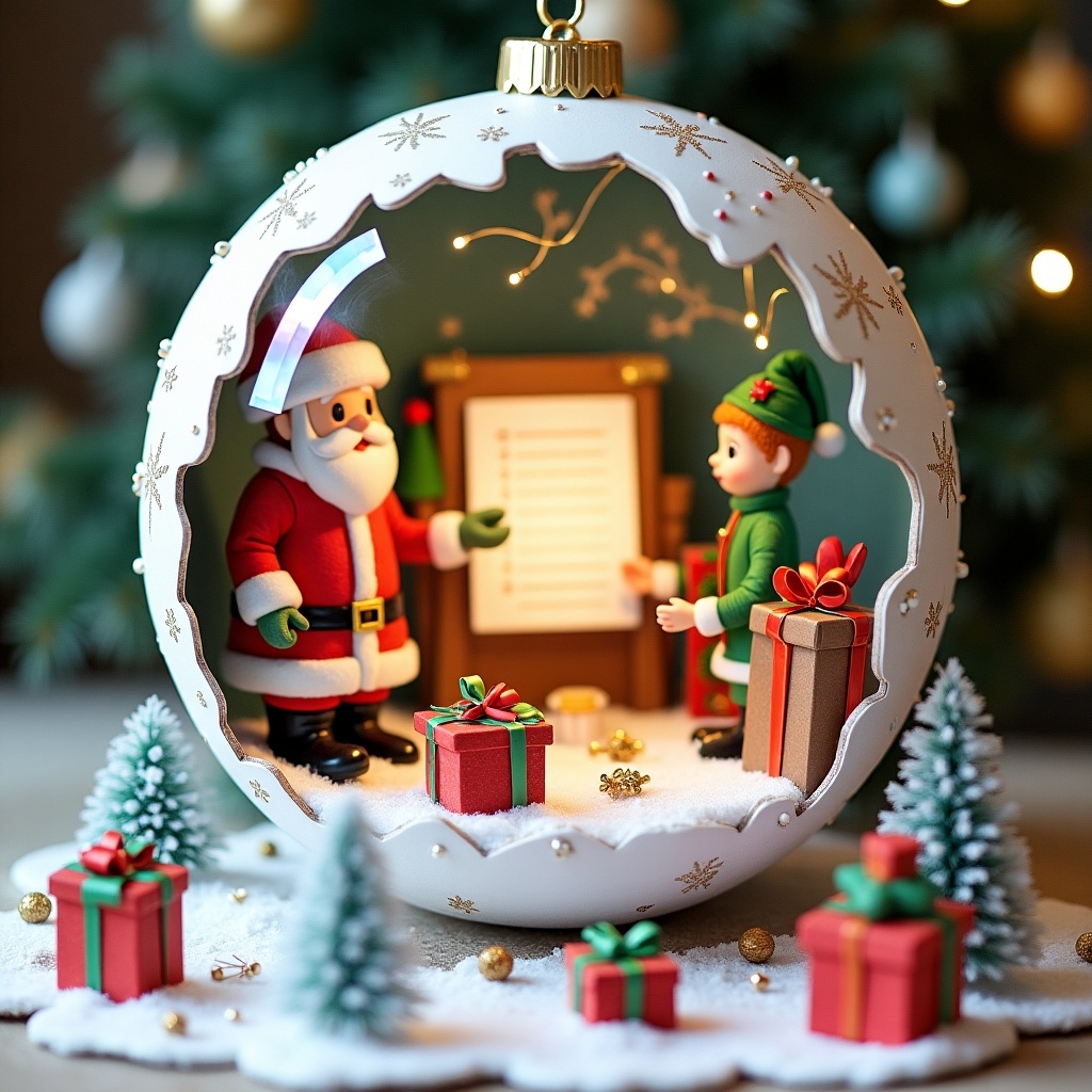 Design details for an interactive Christmas ornament. Elements include Santa Claus and an elf, gifts, and a list. The scene is intended for a diorama setup with a background for a miniature screen. Cutouts for a cardboard model include a snow-covered floor, and festive decorations.