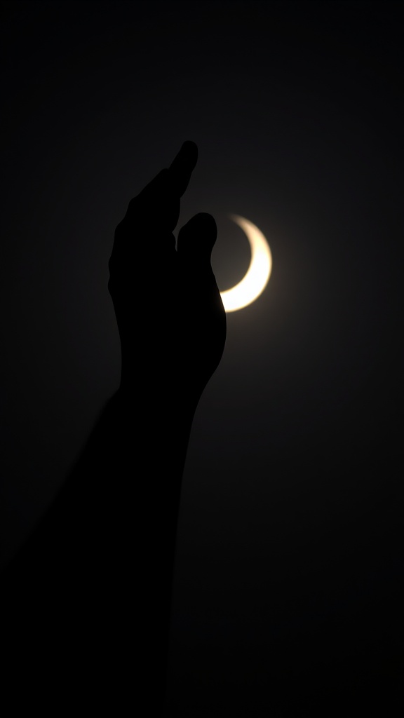 A silhouette of a hand reaching towards a crescent moon.