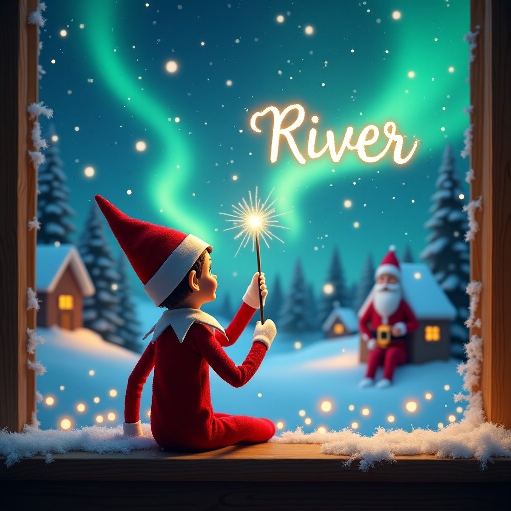 An elf sits on a wooden ledge with its back to the camera, gazing at a magical sky. The elf, dressed in a red outfit with a pointed hat, holds a sparkling wand. With the wand, the elf elegantly writes the name River in the starry sky. The background features a snowy landscape with charming little houses and evergreen trees under the shimmering Northern Lights. This whimsical scene captures the essence of childhood magic and Christmas cheer.