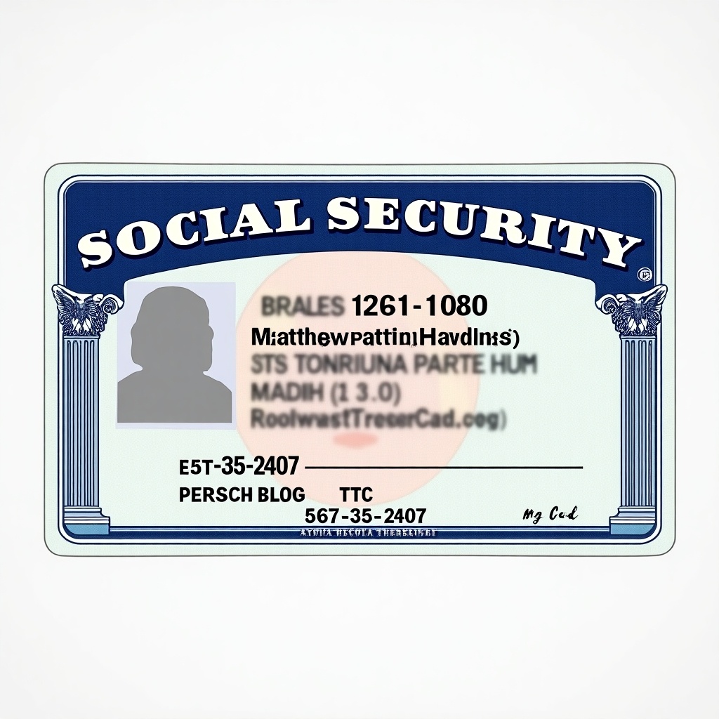 The image showcases a Social Security card. The card features a prominent blue and white design typical of U.S. Social Security cards. It contains personal information, including the name and number associated with it. The layout is clear and straightforward, emphasizing the card's purpose as a form of identification. This specific card belongs to an individual named Matthew Patrick Hawkins with a unique number listed. This representation is illustrative of the importance of this document in personal and financial matters.