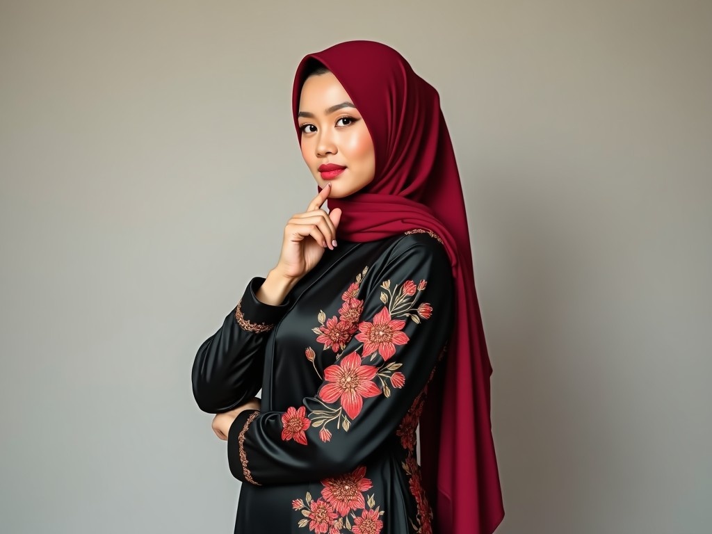 A woman wearing traditional Malay attire, including a hijab and Baju Kurung, posed against a neutral background. She has a confident expression, gazing directly at the camera. The Baju Kurung features intricate floral patterns in red and gold on satin silk black fabric, beautifully showcasing the craftsmanship. Her hijab complements the outfit perfectly, adding elegance to her overall look. Soft lighting enhances the details of her attire and the serene background.