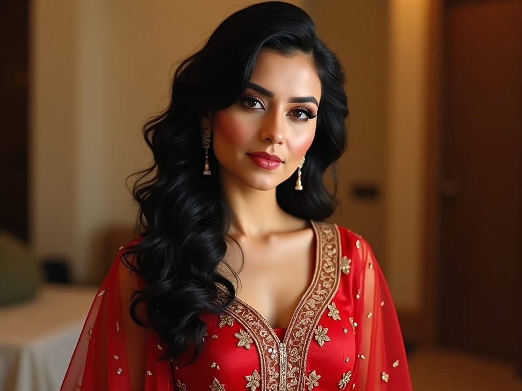 A woman in traditional South Asian attire wearing a red and gold embroidered dress with long, dark, flowing hair, posing elegantly indoors.