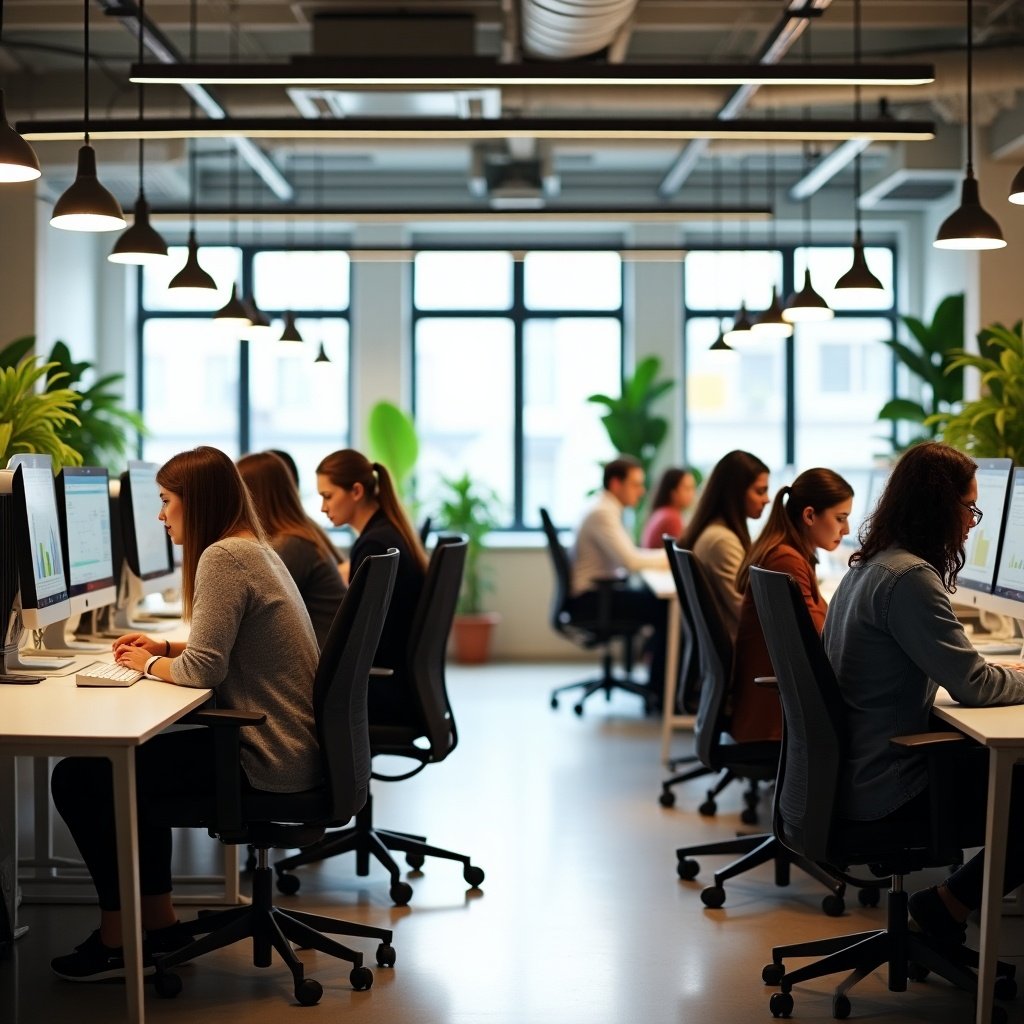 The image showcases a modern office space with an open-plan layout. Several people are seated at long desks equipped with computers, indicating a collaborative work environment. The ambiance is well-lit with natural light streaming in through large windows. Overhead, rows of stylish hanging lights add to the contemporary feel. Green plants are placed strategically around the room, contributing to a refreshing and lively atmosphere. The office exudes a professional yet casual vibe, with a diverse group of individuals focused on their tasks.