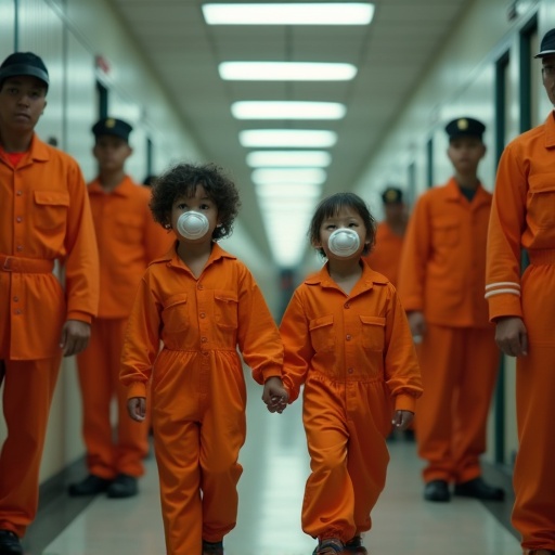 Children in orange jumpsuits are in jail. They hold hands tightly. Each child has a pacifier. Guards are present. The scene depicts a serious atmosphere.