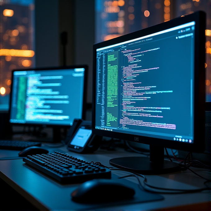 A dimly lit office desk with monitors displaying code, set against a backdrop of city lights.