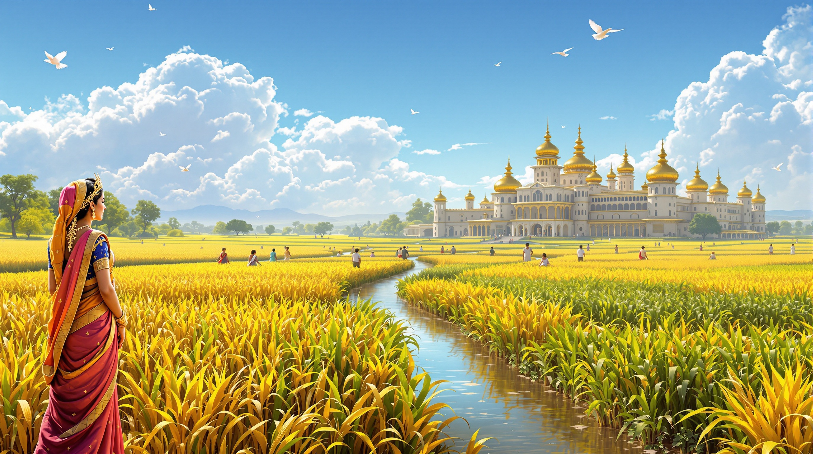 A vivid depiction of Surya Garh in prosperity. Golden fields of crops under clear skies. Joyful farmers harvesting rice and wheat. Majestic palace with golden spires shimmering. Streams of fresh water flowing. Birds soaring in the sky. King Rudrasen and Queen Mriganjali on a terrace, proud and content. Celebration of abundance and community spirit.