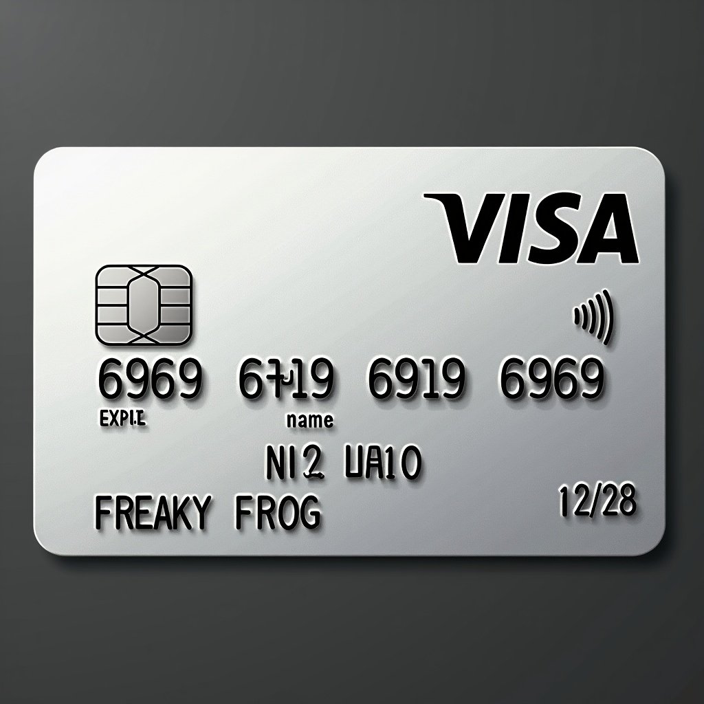 Image of a realistic credit card. Prominent Visa logo is visible. Card number is displayed clearly. Cardholder name aligned. Expiry date noted. Clean silver background with bold black text.