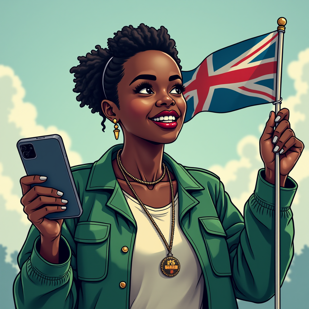 A smiling woman holds the British flag and a phone, wearing a blue jacket and a gold medallion in a vibrant, sunny setting.