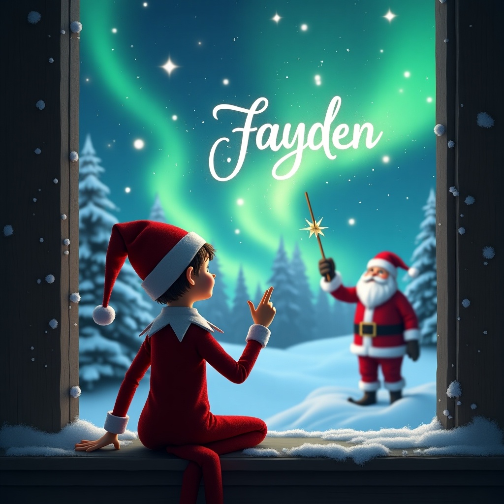 Elf sitting by a window. Elf facing the sky. Elf using a wand to write in the sky. Magical background with Christmas theme. Northern lights and Santa Claus 