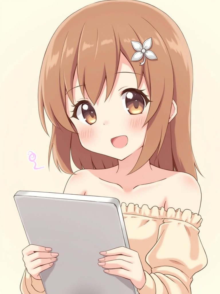 Image features a cute anime girl holding a tablet. Character has soft brown hair with a flower clip. Expression is friendly with rosy cheeks. She wears an off-shoulder top. Background is light beige enhancing the character focus. Art style is vibrant and cartoonish.