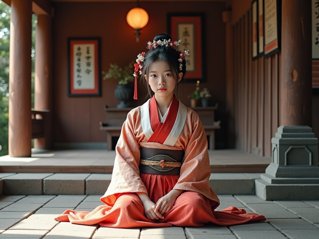 The image shows a young girl dressed in traditional Japanese clothing, sitting gracefully on a tiled floor. She is wearing a kimono with intricate designs, complemented by a decorative hairpiece adorned with flowers. The background features wooden architecture typical of a traditional Japanese setting. Soft natural light highlights her contemplative expression, creating an aura of tranquility. The scene evokes a sense of cultural pride and heritage in a serene environment.