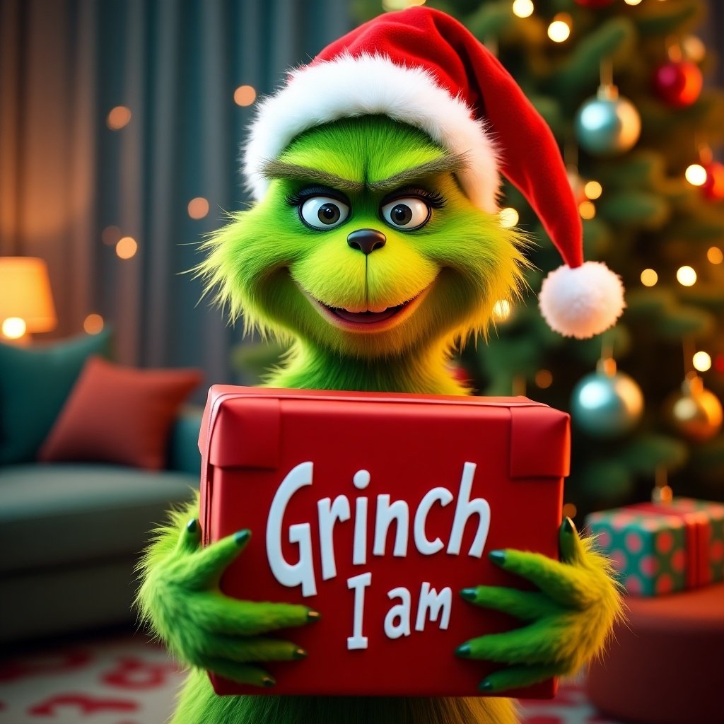 Grinch character smiling with a present. Bright Christmas setting with a tree. Grinch wearing a Santa hat. Colorful and festive.