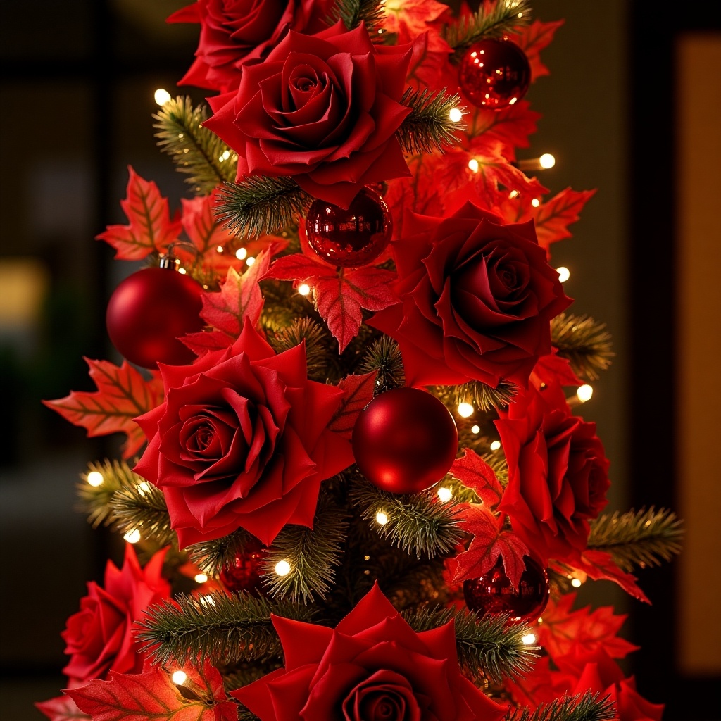 This image features a stunning 6-foot Christmas tree decorated in a vibrant red theme. The tree is adorned with 48 Christmas balls, including shiny ornaments and rich red roses. Additionally, there are various other decorations such as alstroemerias, decorative leaves, and smaller ornaments. The twinkling lights wrap around the tree, adding warmth to the festive feel. Red dominates the color scheme, lending an enchanting atmosphere that's perfect for the holiday season.