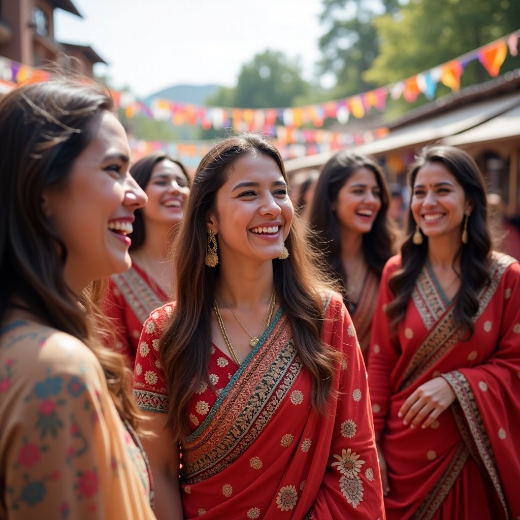 A group of women wearing traditional attire. They are laughing and celebrating outdoors. Colorful decorations and a festive atmosphere are visible in the background.