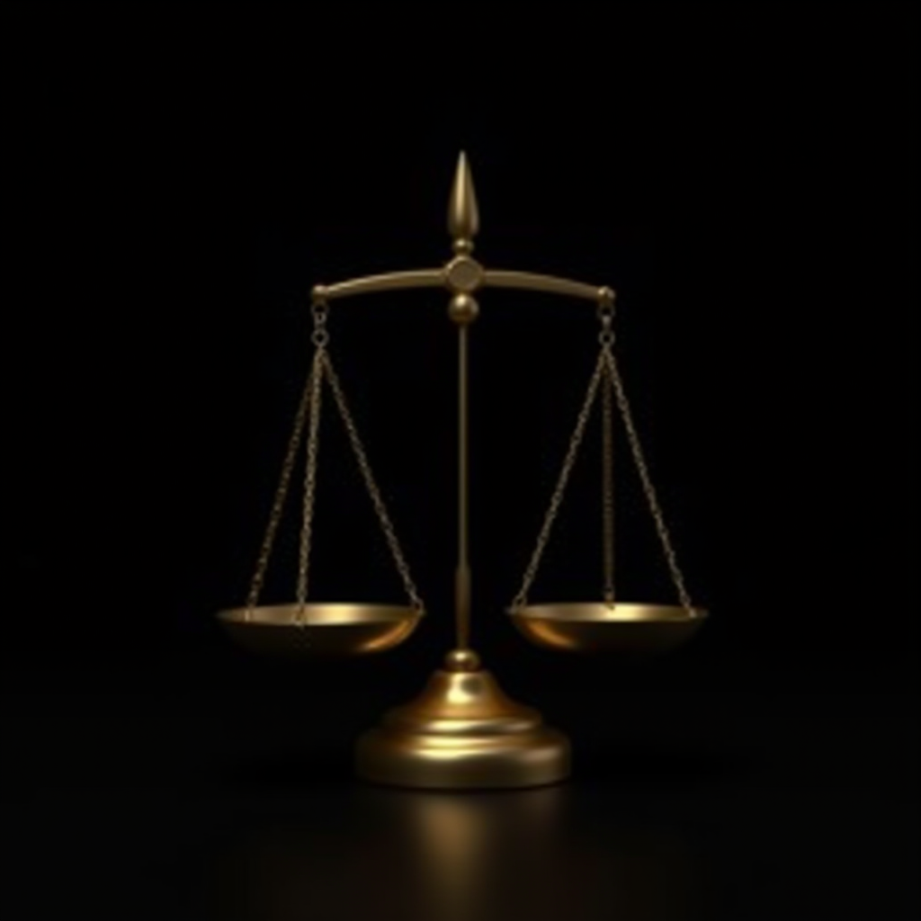 A golden balance scale stands against a dark background, symbolizing justice.