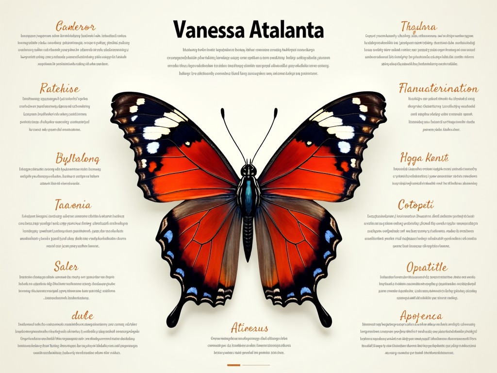 Illustration of a Vanessa Atalanta butterfly with descriptive text on anatomy and features