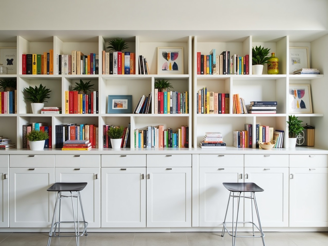 The image showcases a modern kitchen and library area with a bright, airy feel. The library wall features a set of bookshelves filled with neatly arranged books of various colors, accompanied by several decorative items. To enhance the display, additional elements like framed artwork and small potted plants are incorporated into the shelves, creating a vibrant visual appeal. Soft lighting illuminates the shelves, accentuating the organized chaos of colors. The kitchen area has minimalist cabinets and a sleek countertop with minimalist stools, complementing the overall contemporary theme.