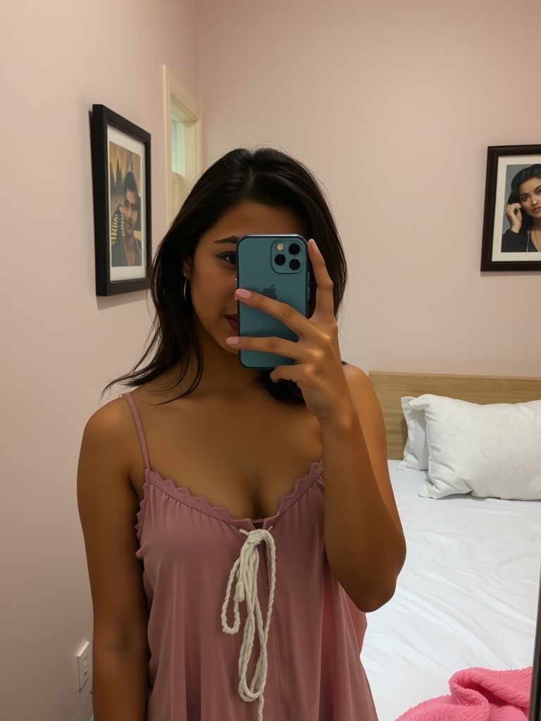 A person takes a mirror selfie in a pink room with framed photos on the wall.