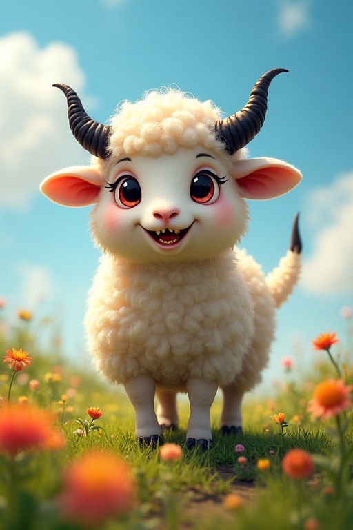 Fluffy sheep with round eyes stands in a colorful meadow. Bright blue sky fills the background. Sheep transforms into a menacing beast. Jagged black spikes replace wool. Eyes glow red with sharp teeth. Twisted horns appear on its head. Legs grow into clawed limbs. Ground cracks beneath it as fiery energy pulses.