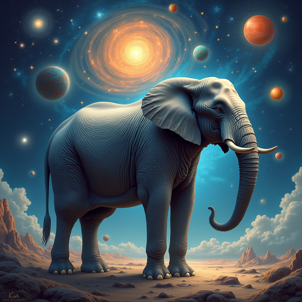 An elephant stands alone. Stars and planets swirl around the elephant in a cosmic scene.