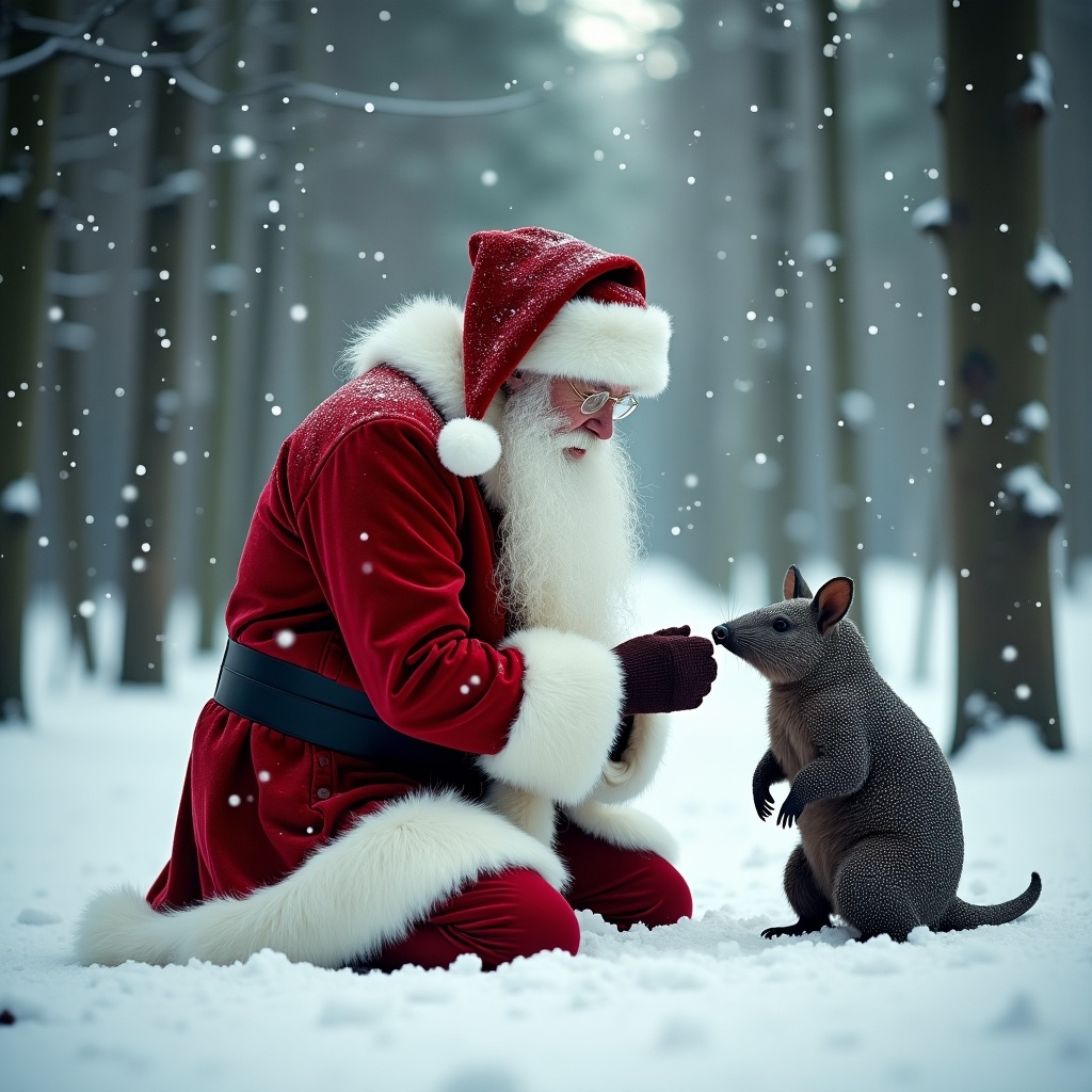 Santa Claus kneeling in snow writing Thank you Baltinglass. Traditional Santa dressed in red with fluffy white trim and hat. Background shows a snowy forest with tall trees. Soft snowflakes fall around creating a magical atmosphere of Christmas with an armadillo beside him.