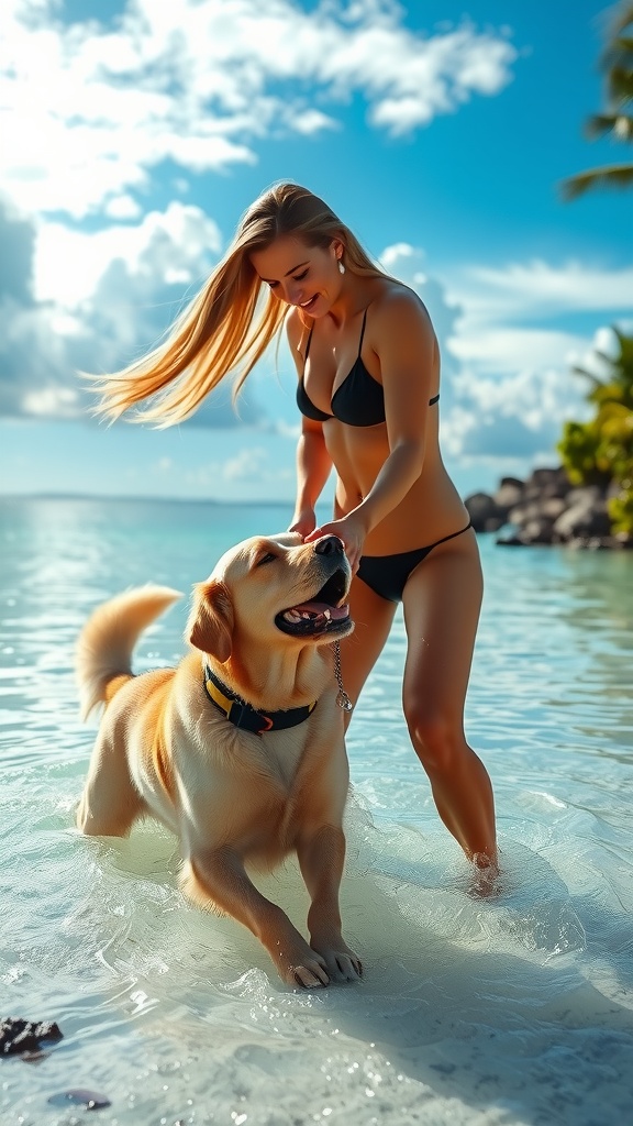 A woman in a bikini joyfully playing with a golden retriever in shallow beach waters under a clear sky.