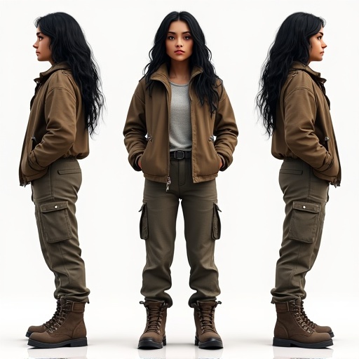 Highly detailed character turnaround sheet of a confident young woman in her late-30s. She has a south american native skin tone with black eyes and thick lashes. Shoulder-length wavy black hair. Dressed in a ragged jacket, loose combat pants, and hiking boots. Captured in high-definition, showing her from multiple angles.